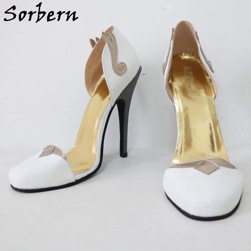 Sorbern Witte Tweedelige Vrouwen Pomp Schoenen Ronde Neus Hoge Hak Bladeren Slip Op Stiletto Sissy Jongen Multi Kleuren 16Cm Custom