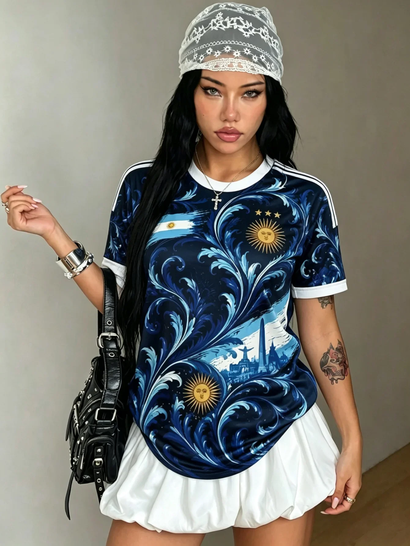 Floral Y2K Jersey Navy Blue Argentina Men Women Unisex Short Sleeve Plus Size Standard Size Sun Soccer Graphic Streetwear Top