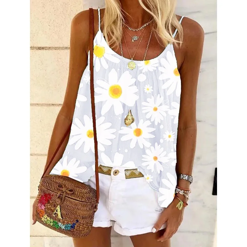 Women's Top Vest Spring and Summer 2024 New Fashion Casual Chrysanthemum Print Suspender U Neck Sexy and Elegant