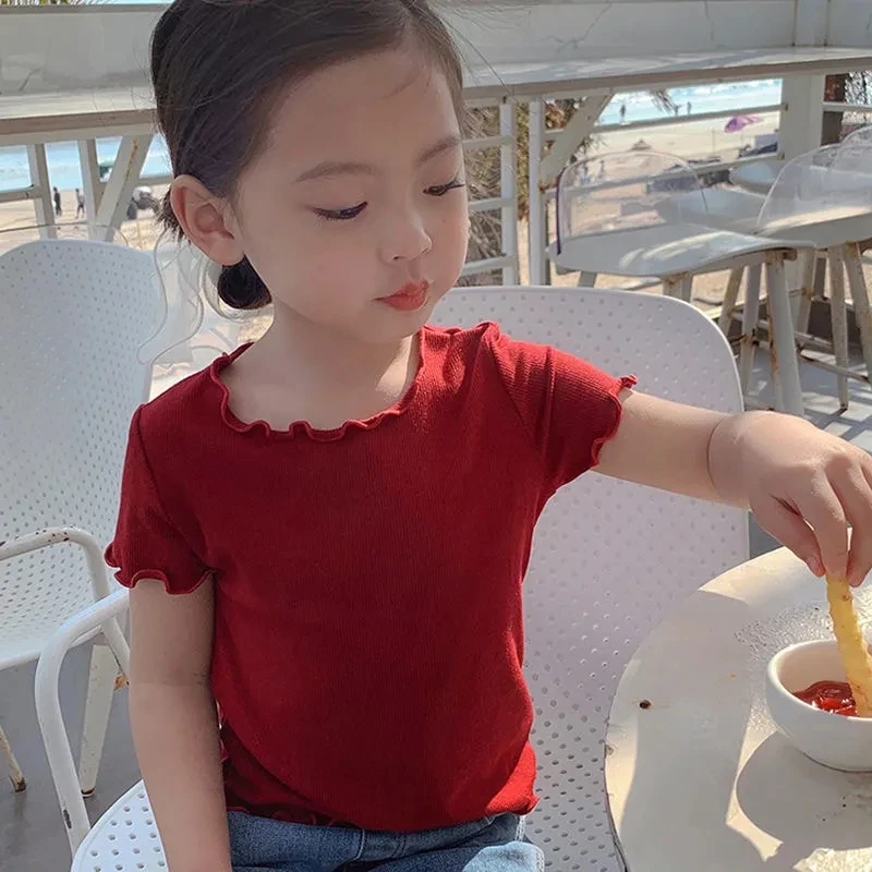 Girls' Casual Ice Silk Short-Sleeve T-Shirt, New Korean Style Children's Ruffled Top, Solid Color, Simple and Versatile image 4