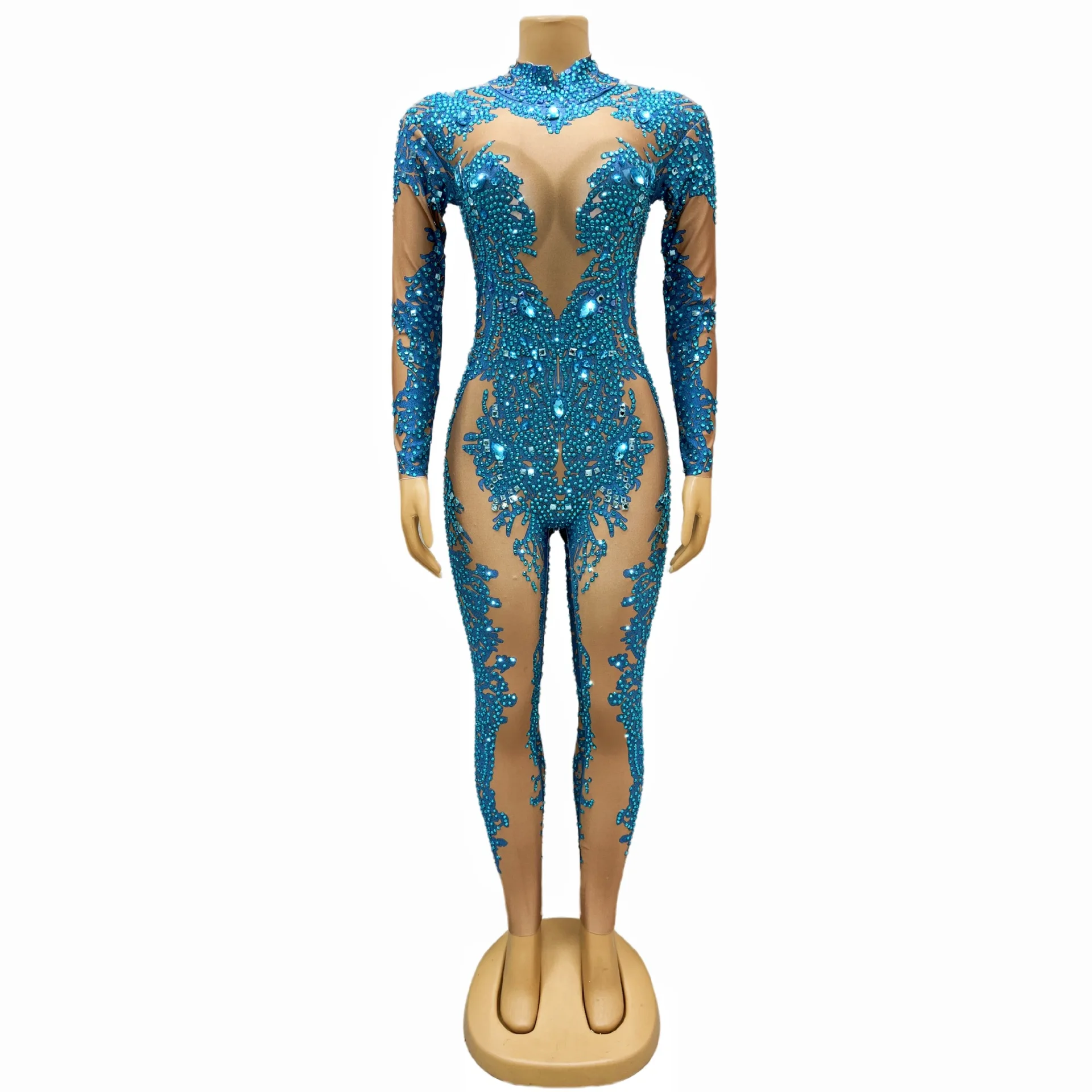 

Hand-painted Printed Rhinestone Slim-fit Personalized Wind Jumpsuit Female Singer Night DJ Reception Performance Suit Blue Grape