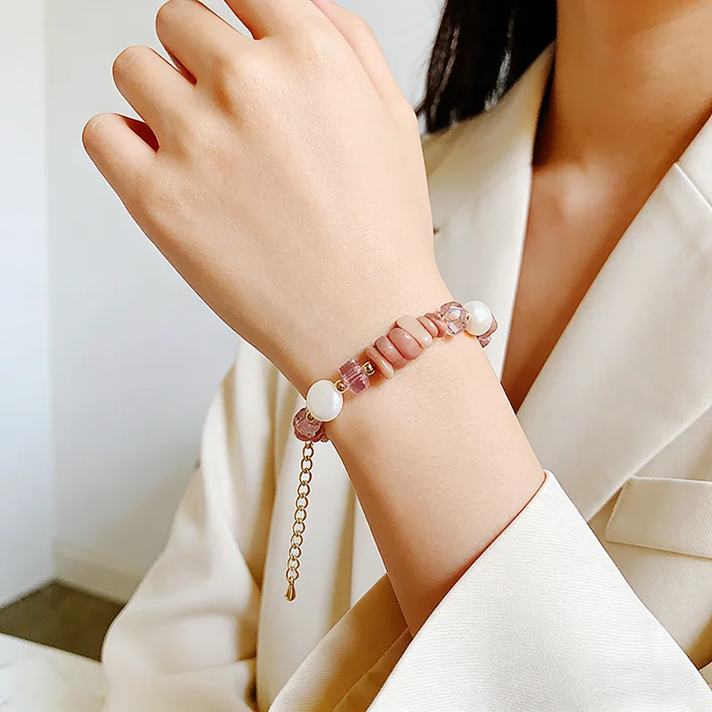 Retro Unregelmäßiges Rosa Naturstein-Perlenarmband für Damen Süßes Accessoire Modischer Schmuck 2026 Trendiges Handgelenk-Accessoire – Detail 12