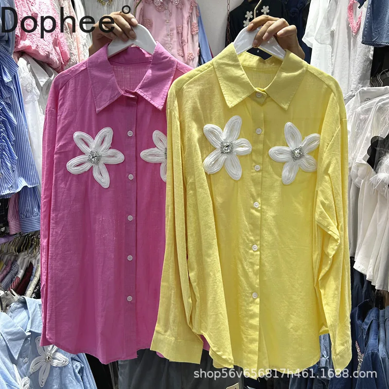 

2025 New Autumn Loose Long Sleeve Cotton-linen Shirts All-match Women Cardigans Top Diamonds Embroidery Casual Mid-long Blouses