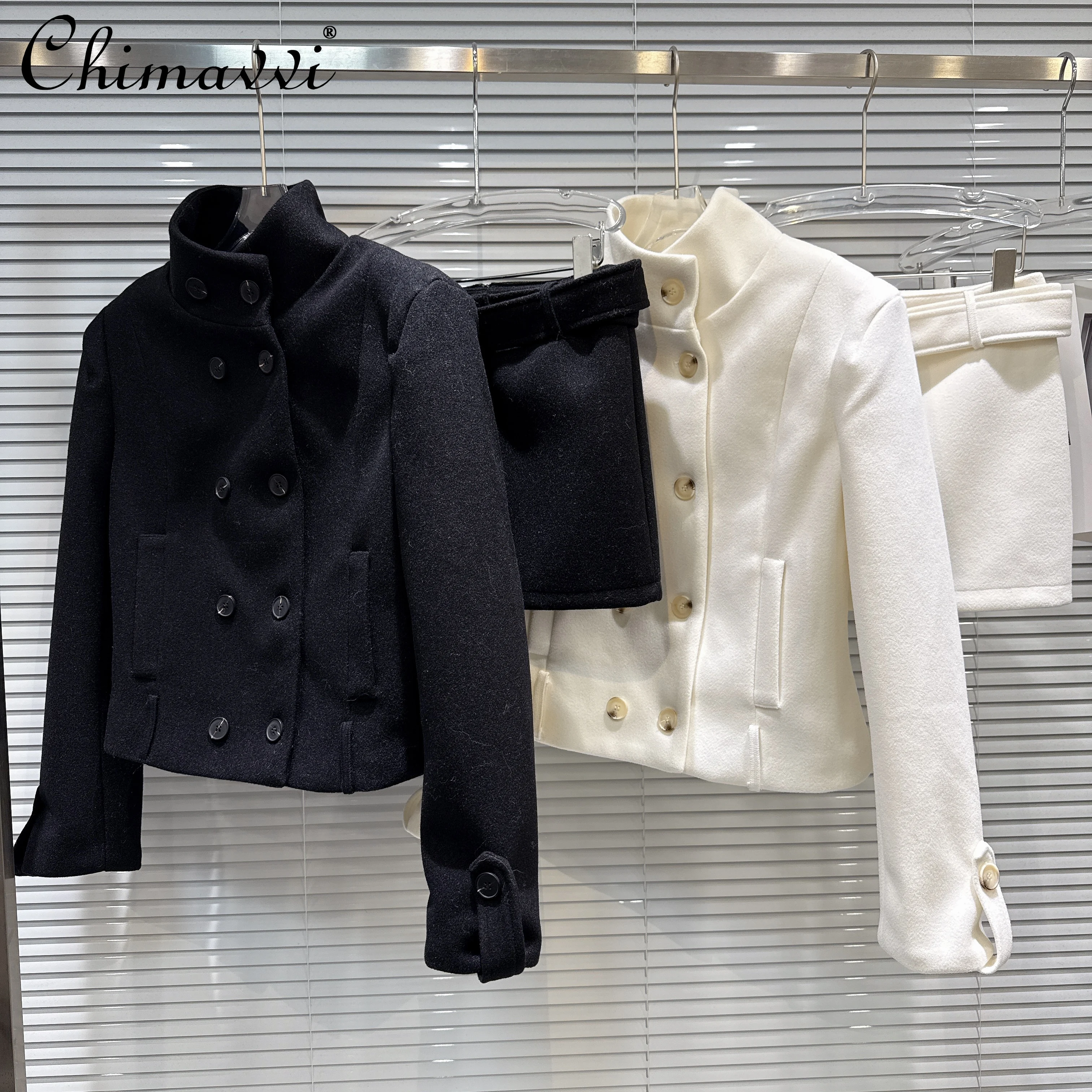 

2025 Winter French Elegant Socialite Double-Breasted Stand Collar Jackets High Waist Belt Slim Short Skirts Two-Piece Set Women