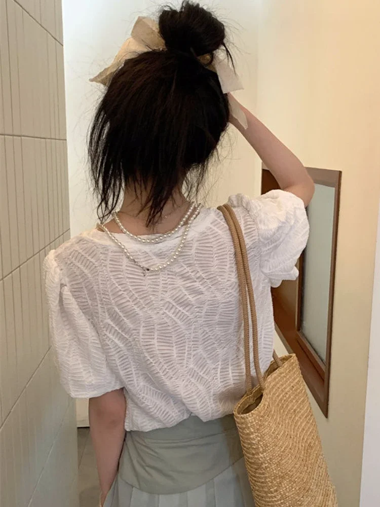 T-shirts Women Sweet Puff Sleeve Solid Gentle Tops Summer French Style All-match Aesthetic Girlish Simple Tender Mujer футболка