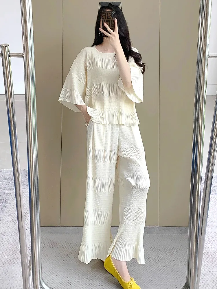 

Miyake Loose T-shirt+high Waisted Wide Leg Pants Two-piece Set Solid Color Comfortable and Fashionable Korean Women's Pants Set