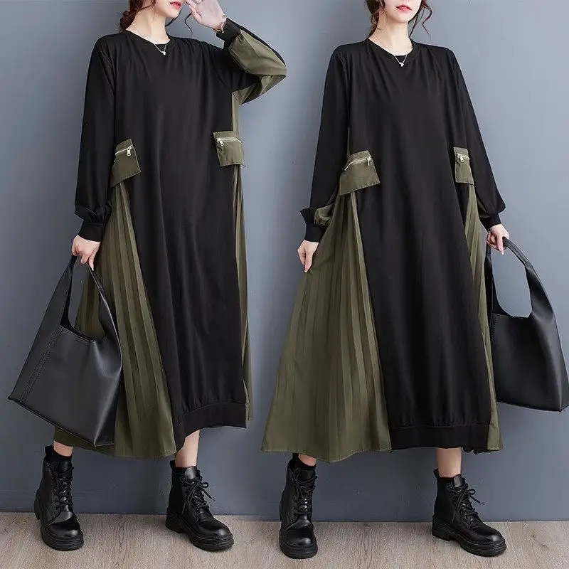 

Large Size Women's Dress 2023 Autumn Clothing Korean Version Temperament Color Blocking Fashionable Pleated Long Dress Z4272