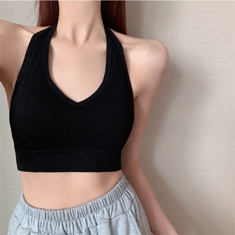 Fashion Sexy Halter Backless Bra Camisole for Women Wire Free Sport Bra Top Suspenders Solid Crop Tops Shockproof Vest Lingerie