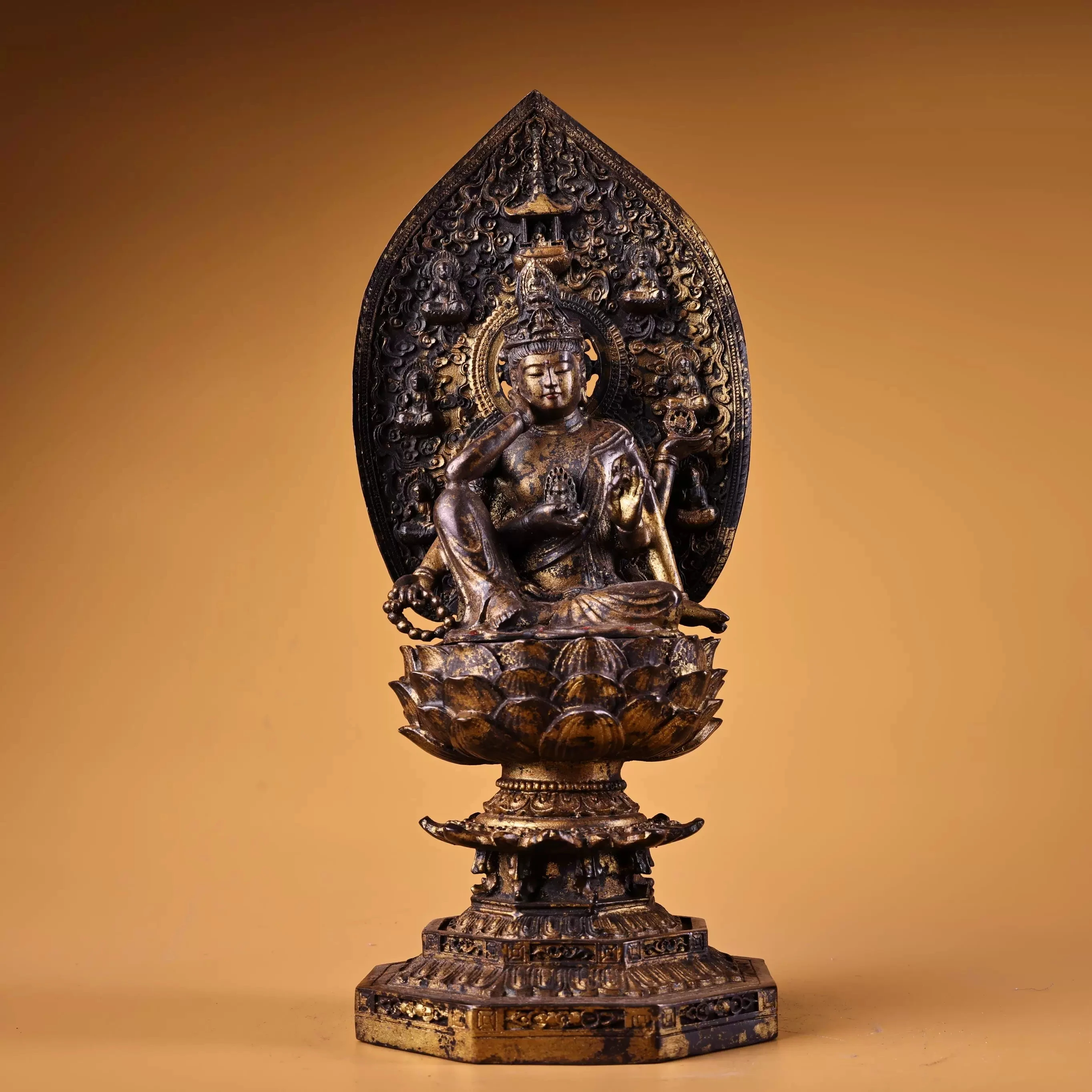 Antique Bronze Gold Gilt Six Armed Guanyin Bodhisattva Statue Serene Face Heavy Patina Fine Craftsmanship