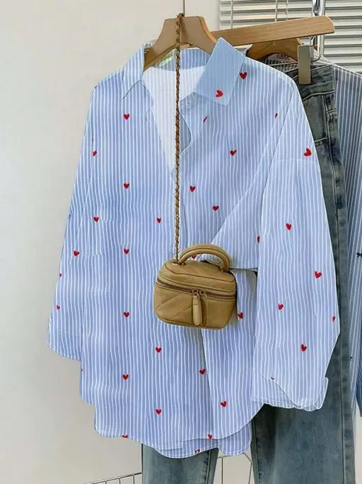 Gestreiftes Langarmshirt für Damen, Blauer Hemd-Cardigan im Herbst-Pendler-Stil im Herbst 2025,