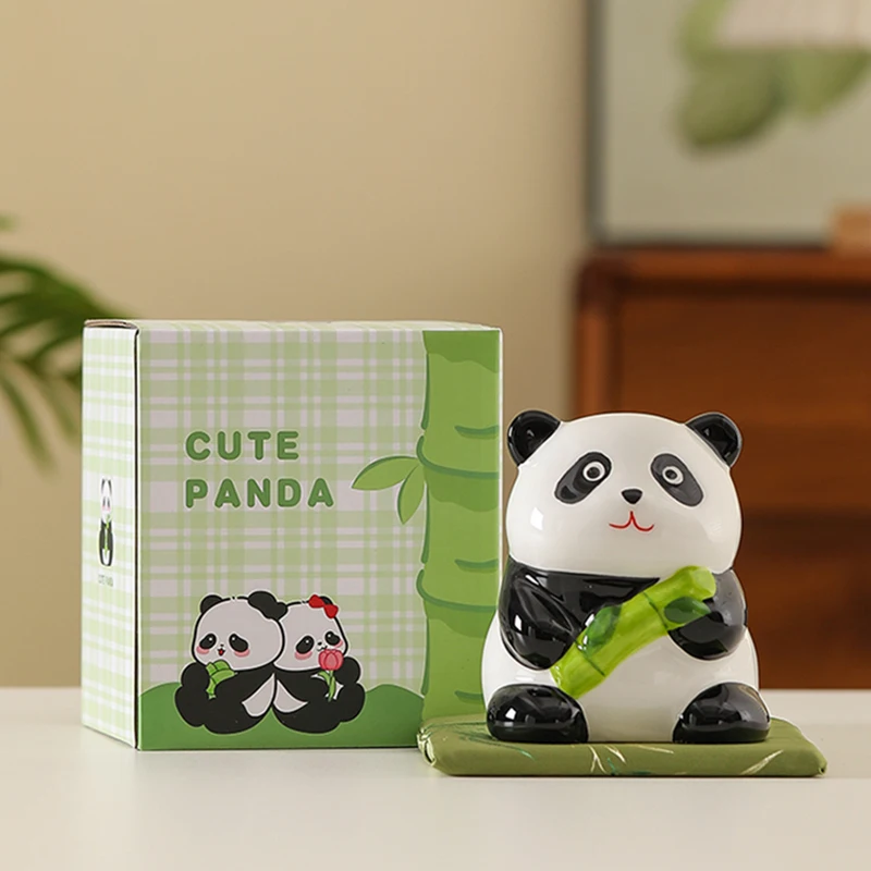 

4 Inch Ceramic Panda Ornament Lucky Panda Figurine Workspace Decoration Money Box with Placemat Animal Statue