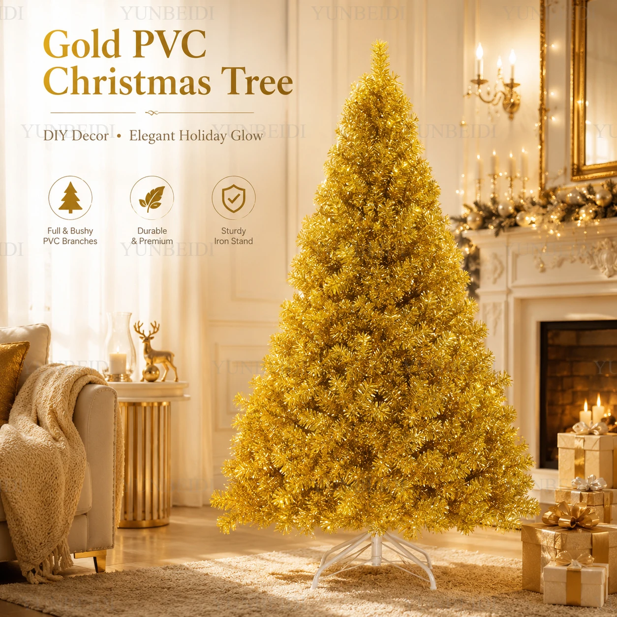 Goldener Künstlicher Weihnachtsbaum 120-240cm Luxuriöser Einzigartiger PVC-Weihnachtsbaum mit LED-Warmlichtern Metallständer Weihnachtsdekoration für Zuhause