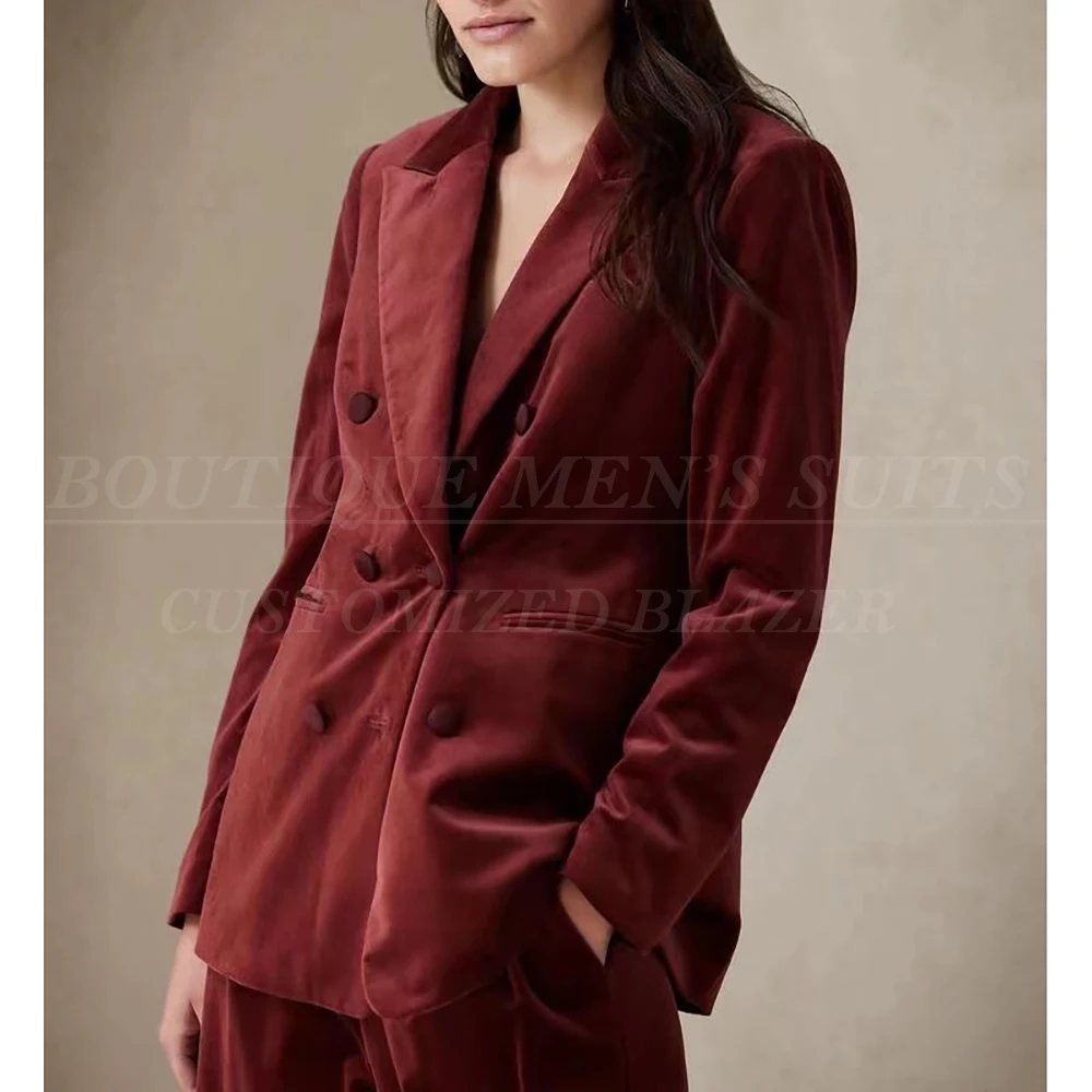 Velvet Women\'s Suits Elegant Double Breasted Peak Lapel Blazer Formal Office Lady Slim Fit 2 Piece Jacket Pants Costume 2026