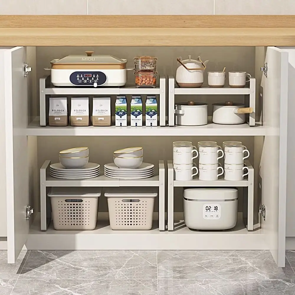 

Layered Adjustable Kitchen Organizer Expandable Space Saving Countertop Pot Holder Non-slip Stackable Kitchenware Storage Rack