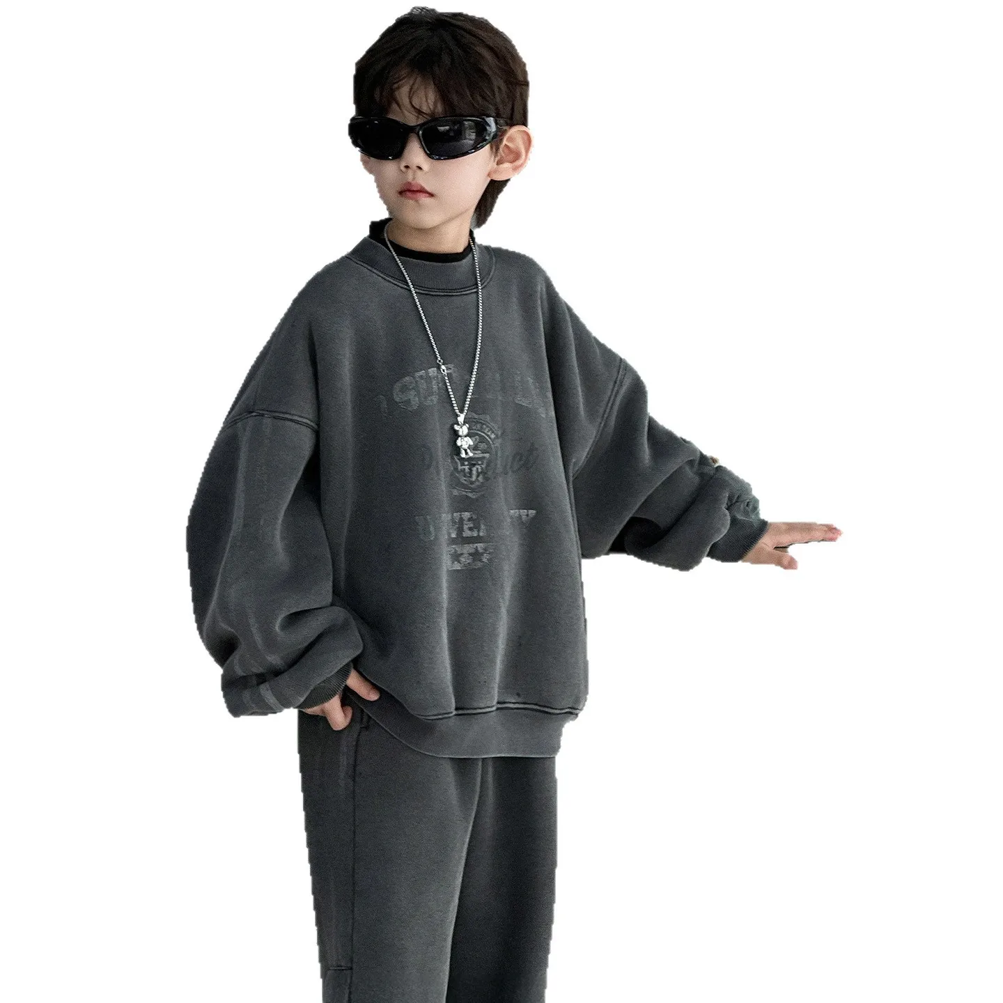 ملابس الأطفال الاطفال الكورية نمط مجموعة عادية 2025 الخريف الشتاء جديد بنين ريترو الصوف الدافئة فضفاضة مريحة قطعتين مجموعة