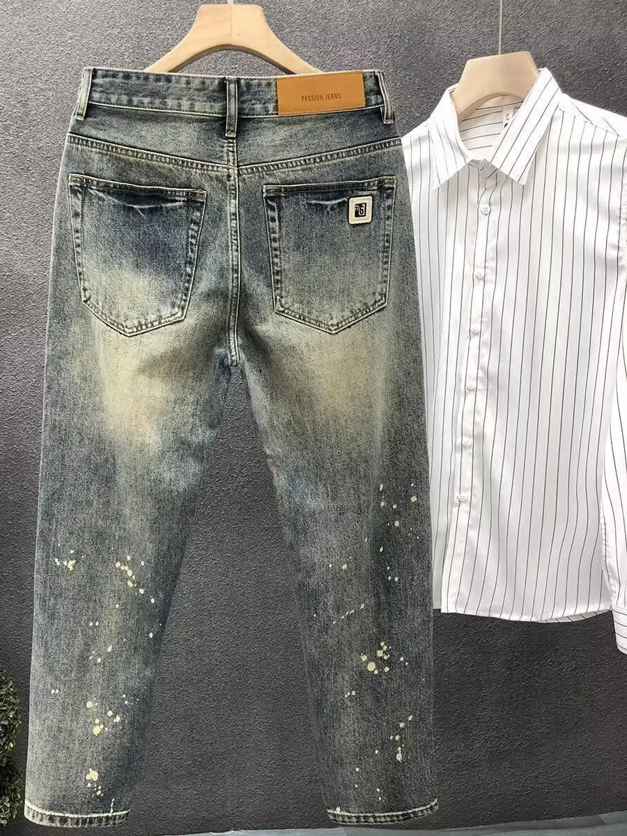 بنطلون جينز ريترو متعثر مستقيم الساق للرجال صيفي رقيق غير رسمي طويل سروال مقاوم للاهتراء نمط كلاسيكي موضة الشباب