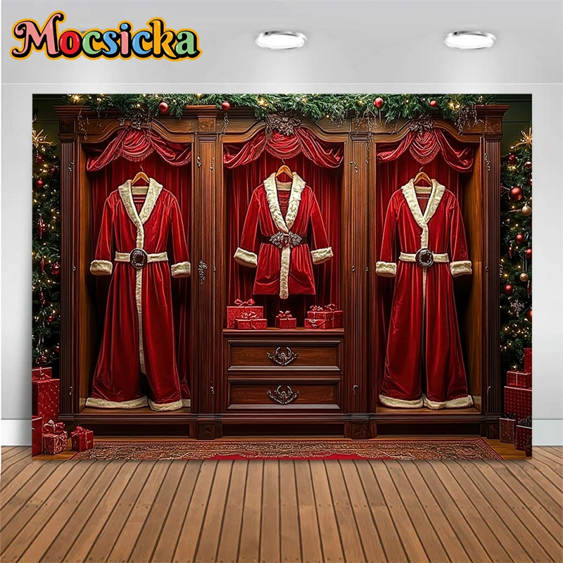 Mocsicka Christmas Closet Backdrops Washable Indoor Gifts Photo Backgrounds Home Santa Claus Red Clothes Wallpaper Decors Banner