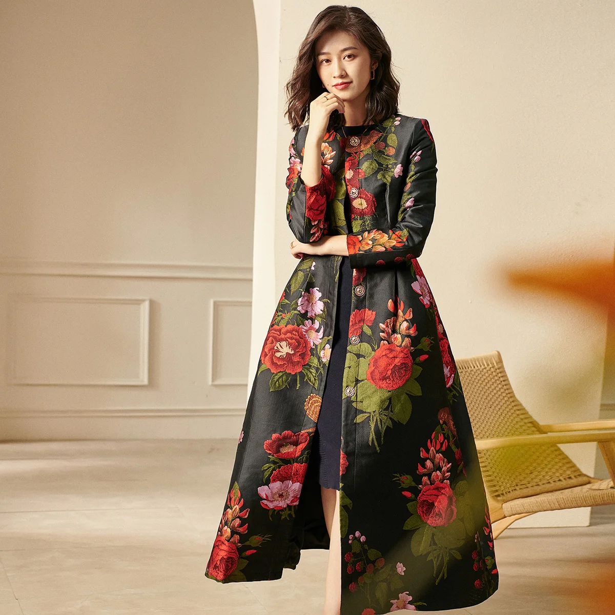 

Spring Autumn Jacquard Coat Indie Folk Trench Covered Button Jackets Windbreaker Dobby Full Length Overcoat Vintage Runway