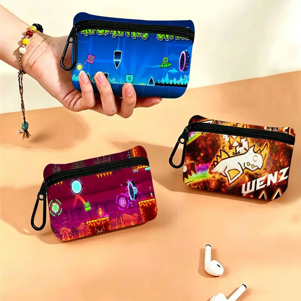 G-Geometry-Dash Hyper-Rhythmic-Neon Lightweight Oxford Fabric Coin Purse Carabiner Hook Design Mini Card Key Organizer Bag