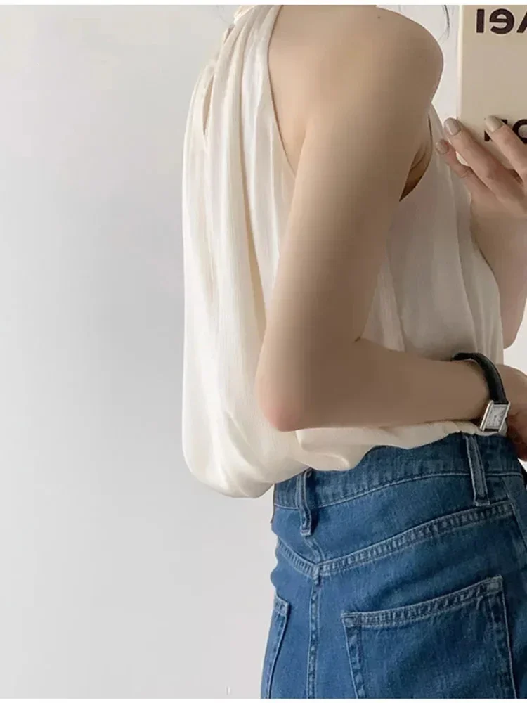 Unique Hanging Neck Off Shoulder Design Women Chiffon Top French Style New Women's Sweet and Fashionable  White Chiffon Shirt