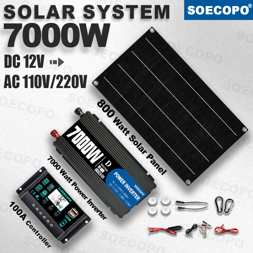 

SOECOPO 7000W Peak Solar System Kit 800W Panel 100A Controller 12V To 110V 220V Inverter Generator for Camping RV Home charger