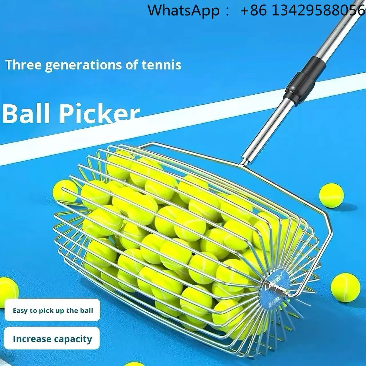 Portable Lightweight Stainless Steel Tennis Ball Pickleball Picker with Adjustable Roller Retriever Ball Picking Equipment