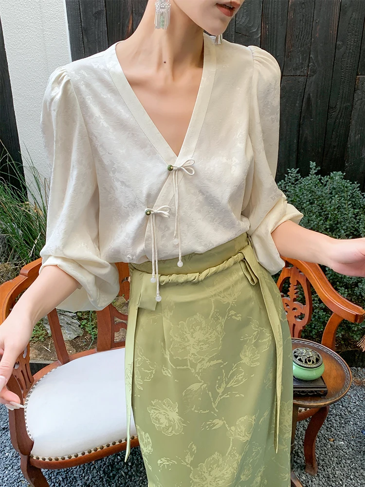 

JWUNIQUE Bubble Sve V-Ne, повседневный женский новый китайский национальный длинный све, белый ирт, 2026, весенний свободный топ