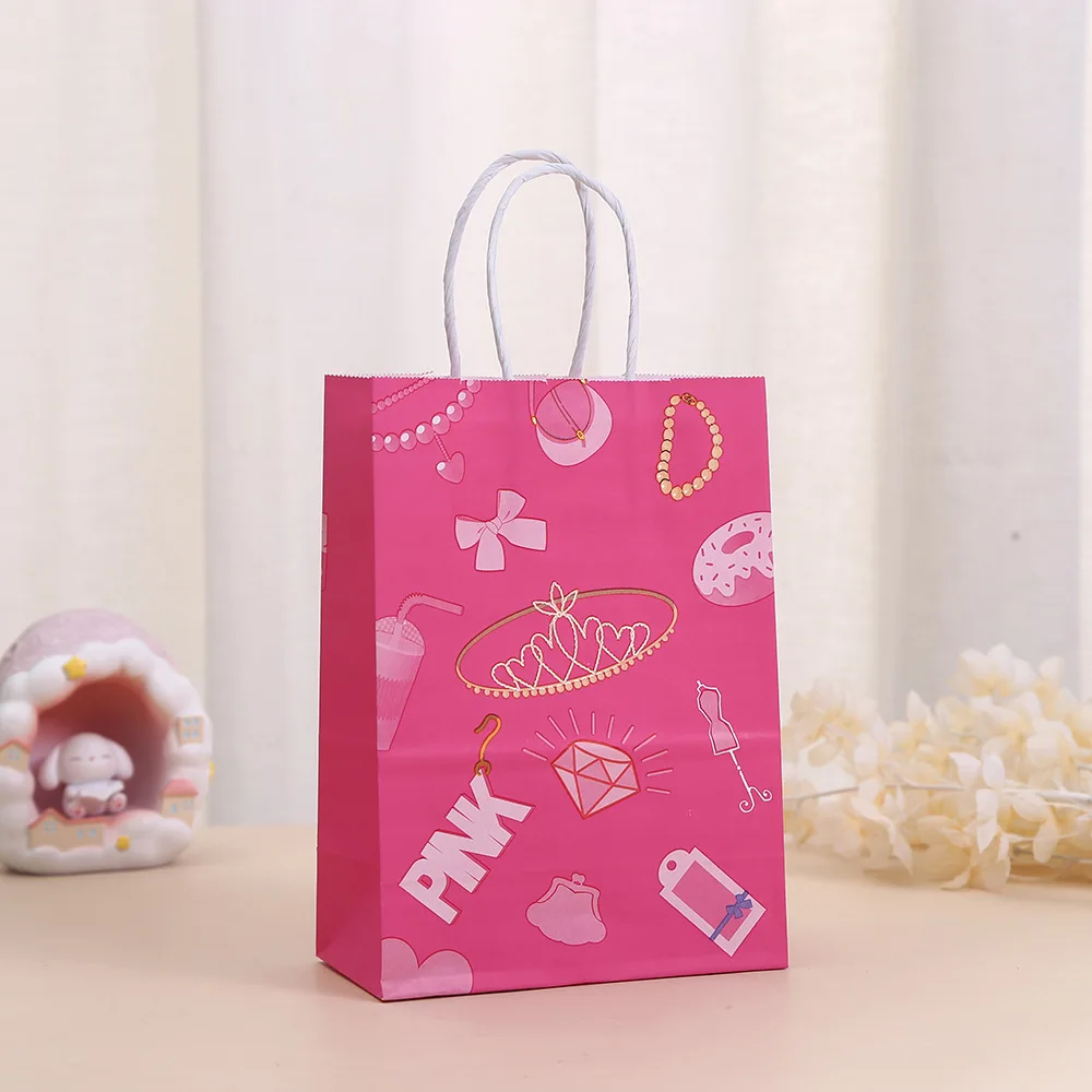 StoBag, borsa Tote in carta Kraft con confezione regalo per bambole rosa, per compleanno, imballaggio Snack caramelle, forniture decorative,