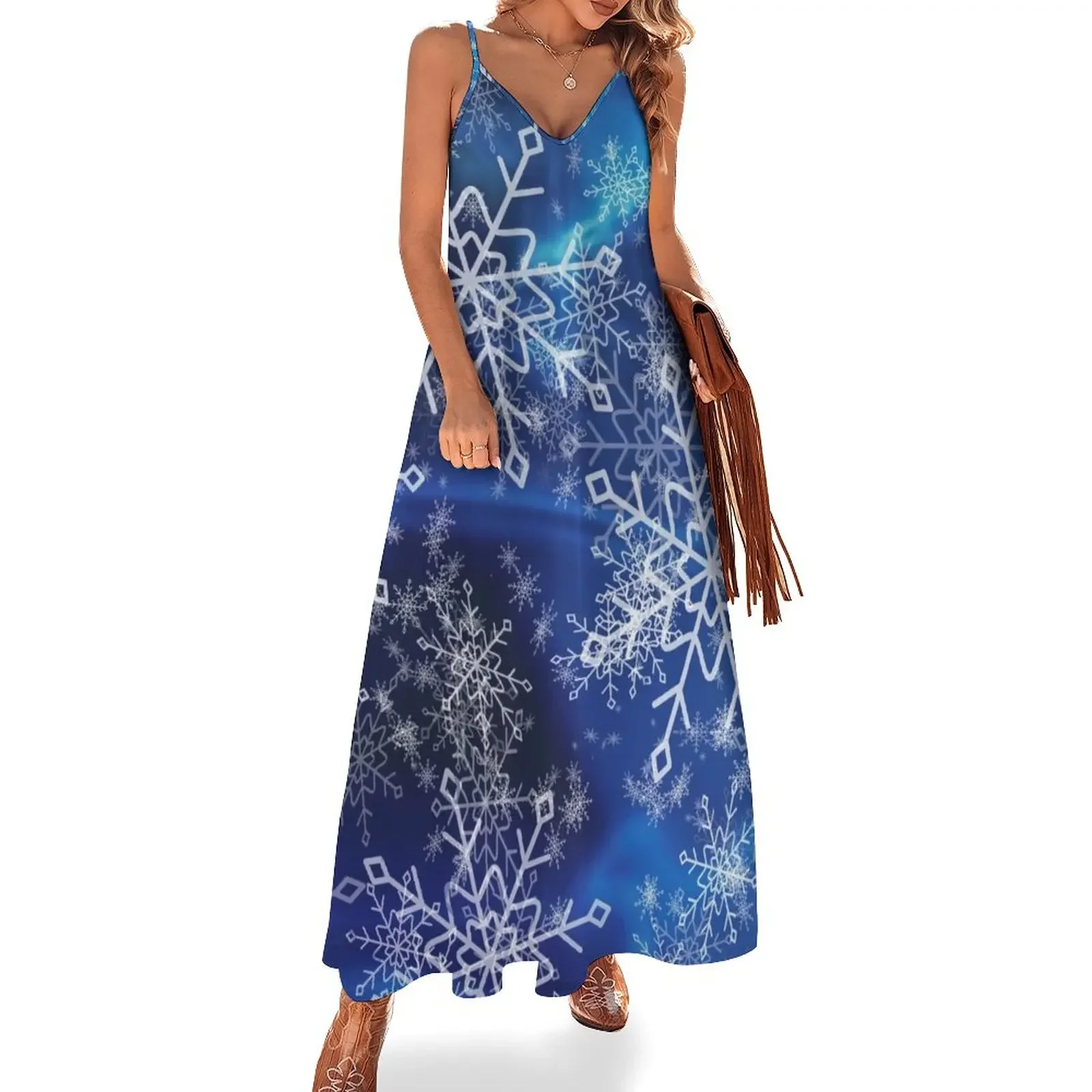 

Blue Icey Snowflakes Sleeveless Dress elegant women's dresses sale woman dress Dance dresses