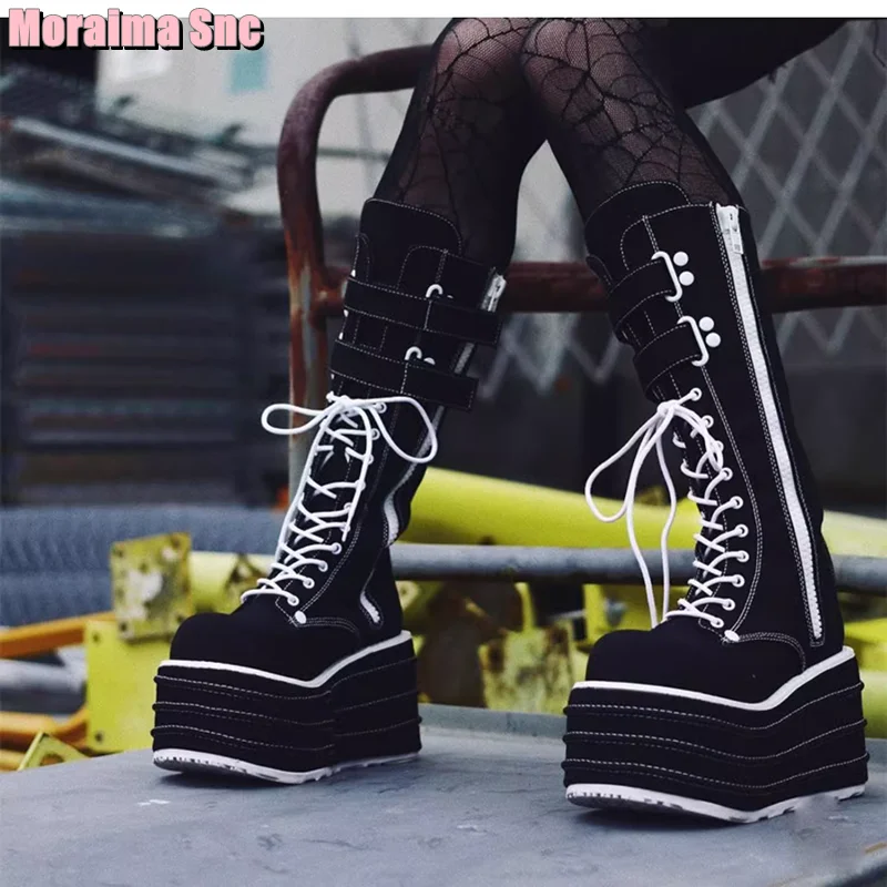 Platform Lace Up Knee High Boots Increasing Height Round Toe Side Zipper Belt Buckle Fashion Women Long Boots 2024 Spring New