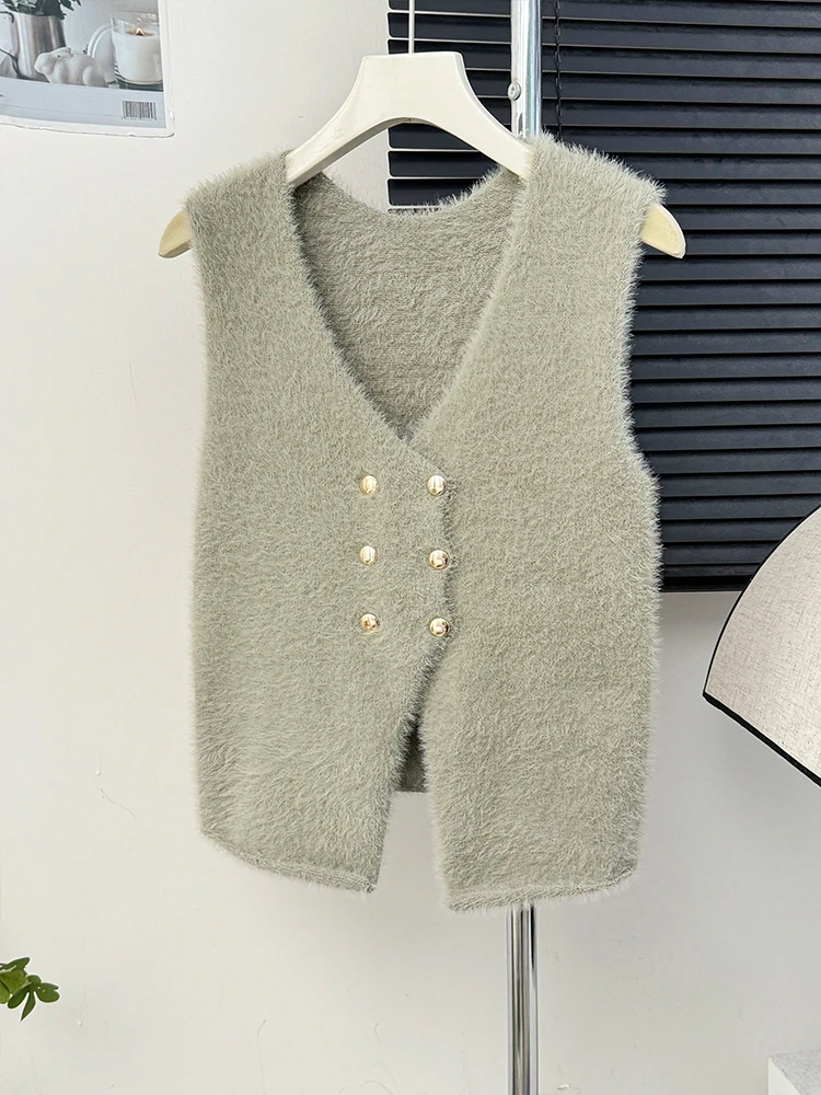 Temperament Double-breasted V-neck Vest Women's Tank Top Autumn Fashion Imitate Mink Vest Sleeveless Knitted Top Warm Jackets