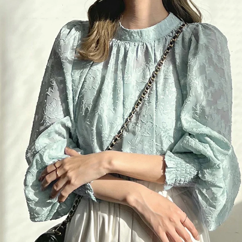 

Шифоновая Кружевная футболка для женщин, топы с рукавами-фонариками и полувысоким воротом, тонкий стильный универсальный базовый топ свободного кроя с защитой от солнца