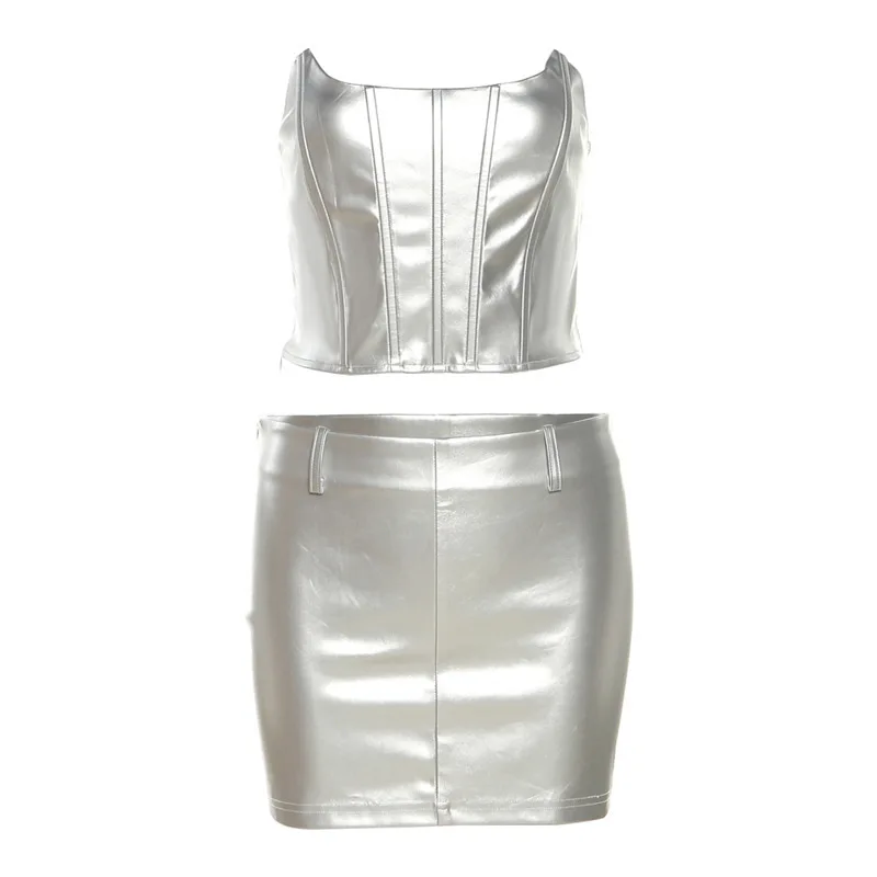 Personalized Explosive Street Silver Spicy Girl Fashion Suit, Women's Irregular Fishbone Splicing Strapless Tight Hugging Skirt