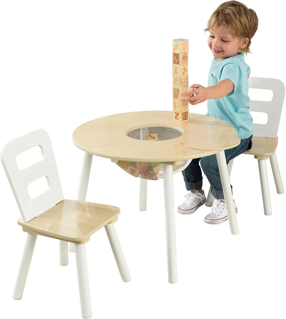 

Wooden Round Table & 2 Chair Set with Center Mesh Storage in Natural & White, Perfect Gift for Ages 3-6