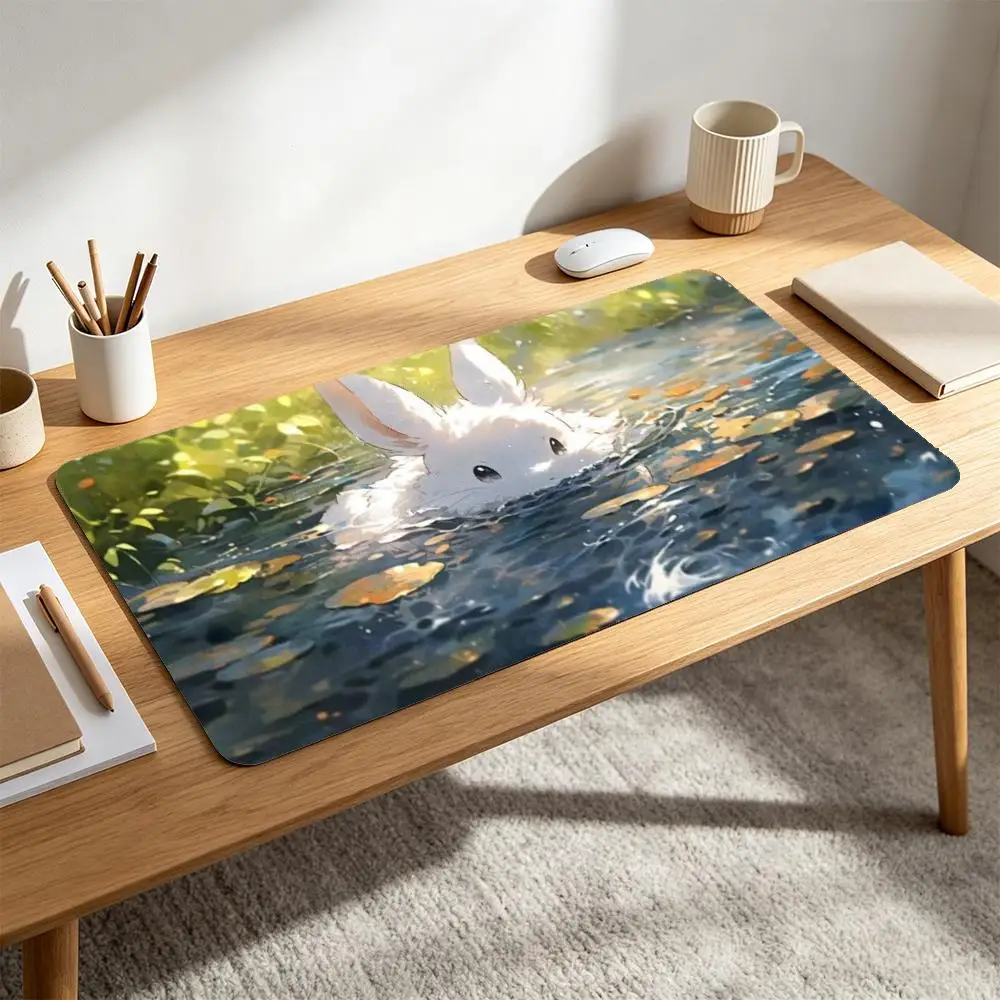 Cute Bunny Pond Desk Pad Non Slip Rubber Anime White Rabbit Water Lily Leaves Green Nature Soft Art Large Gaming Mousepad Office