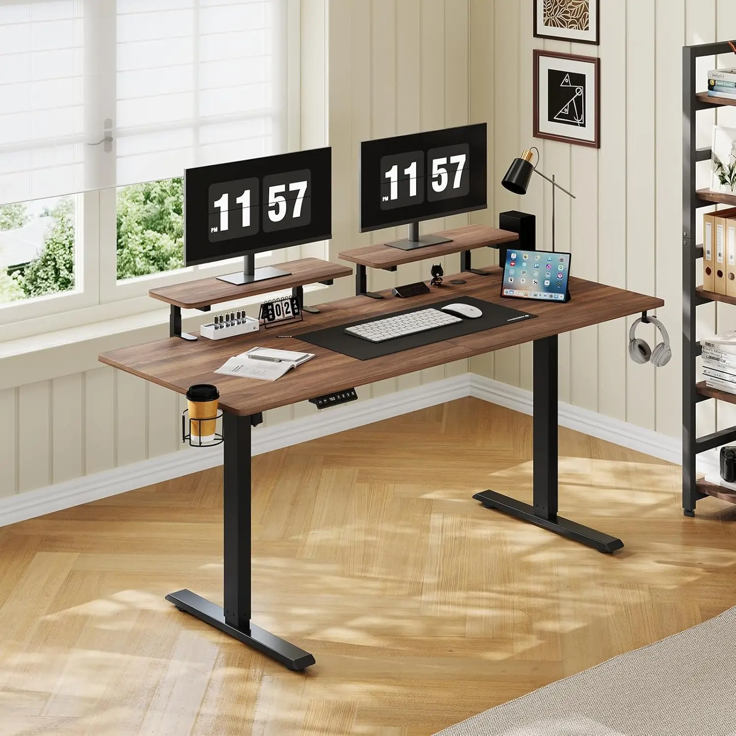 

63 x 24 Inches Electric Standing Desk with 2 Monitor Shelves, Adjustable Computer Desk from 28-46'', Sit to Stand, Customized