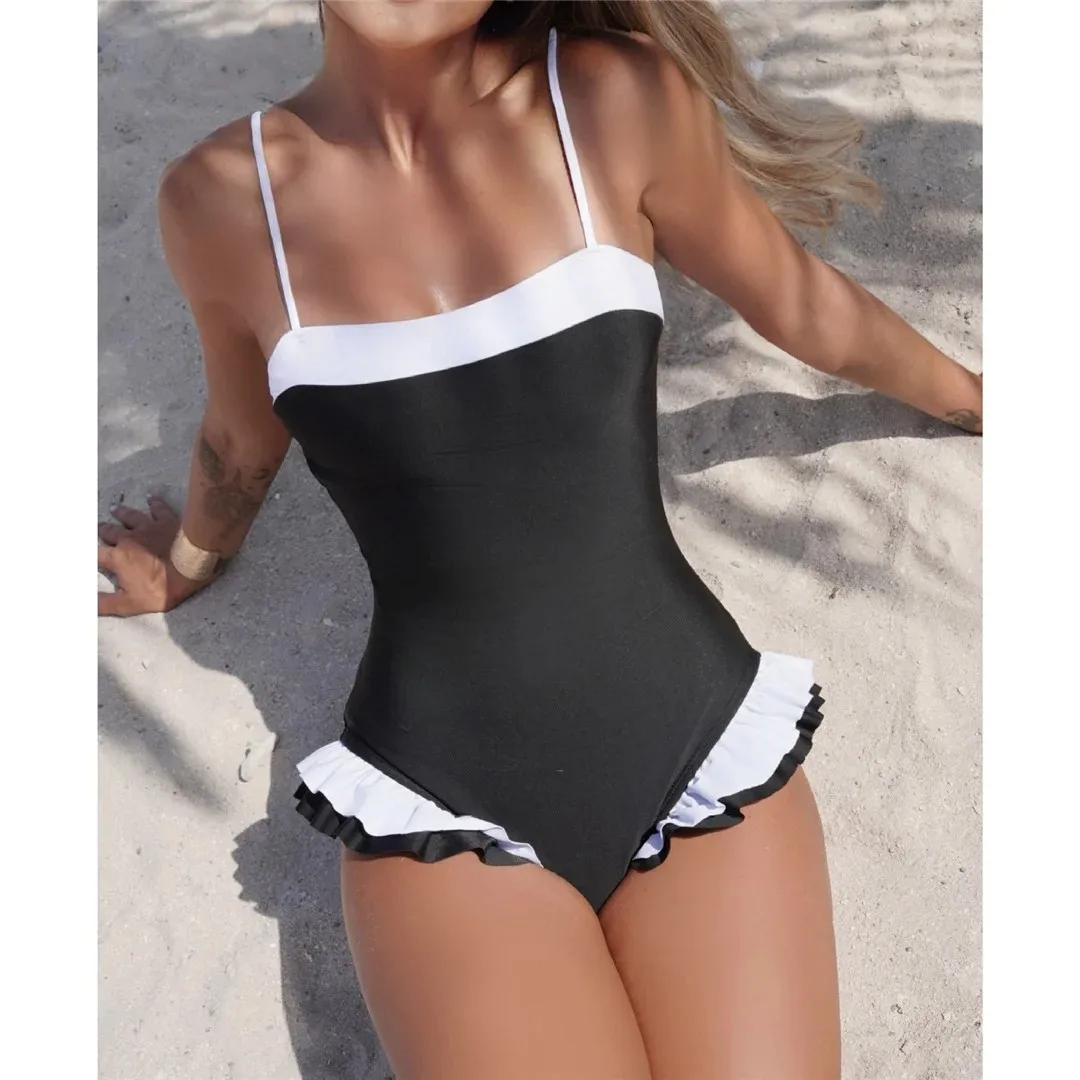 Ruffled Frilled Splicing One Piece Swimsuit Women Swimwear Female Monokini High Leg Cut Padded Bather Bathing Suit Swim