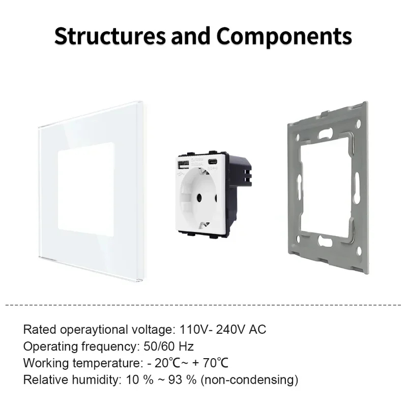 EU Standard Single USB Socket Type-C Crystal Glass Double Outlet Triple Wall Sockets Bingoelec Mounted Quadruple Outlets Black