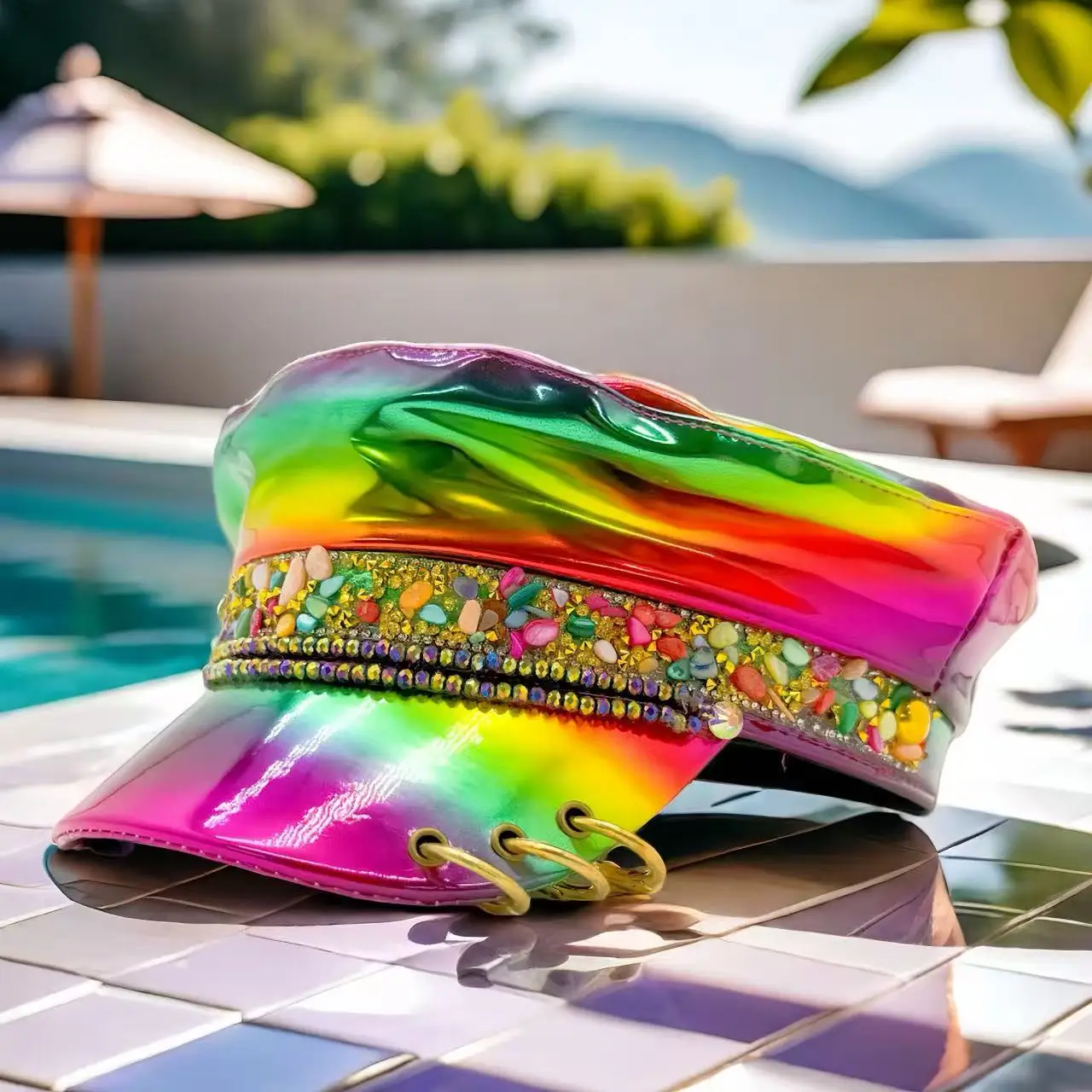 HongLuan  Laser Leather Captain Hat Rhinestone & Military Caps for Woman, Rave Festivals Accessories ＆ Party Cap Man Cosplay Fem