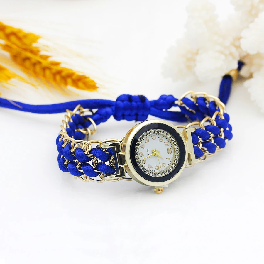 Reloj de vestir de oro para mujer, pulsera tejida a mano con flores, diamantes de imitación brillantes de Color, reloj de tela para niña dulce, nuevo