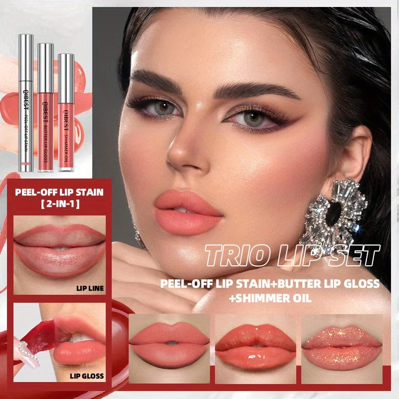 3-Pack non-stick cup matte pattern embroidery peel-off tear-off lip gloss lip line easy-to-color mirror pearlescent lip oil set