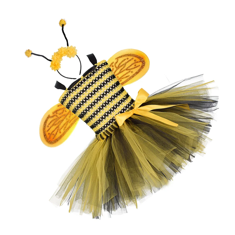 蜂コスプレドレス ガーゼスカート 女の子 美しいパーティーコスチューム パフォーマンスドレス ウィングヘア 適切な2歳 ダンス 誕生日