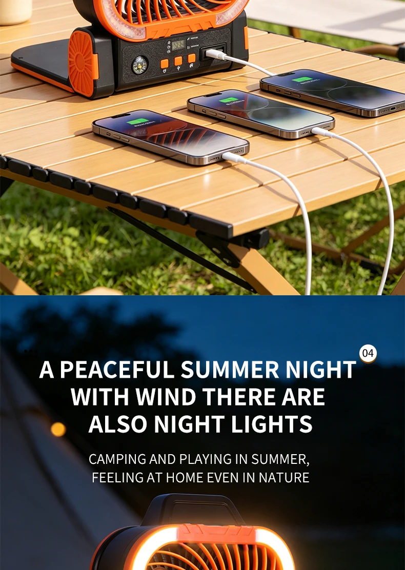 Solarbetriebener Campingventilator, tragbarer, wiederaufladbarer Tischventilator für den Außenbereich mit LED-Licht, Powerbank, Klapphaken für Zelt und Angeln – Detail 8