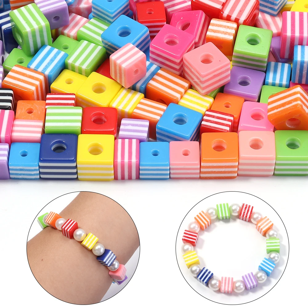 

50Pcs Colorful Resin Beads Square Rainbow Mixing Stripe Loose Spacer Beads for Jewelry Making Bracelet Necklace Accessories