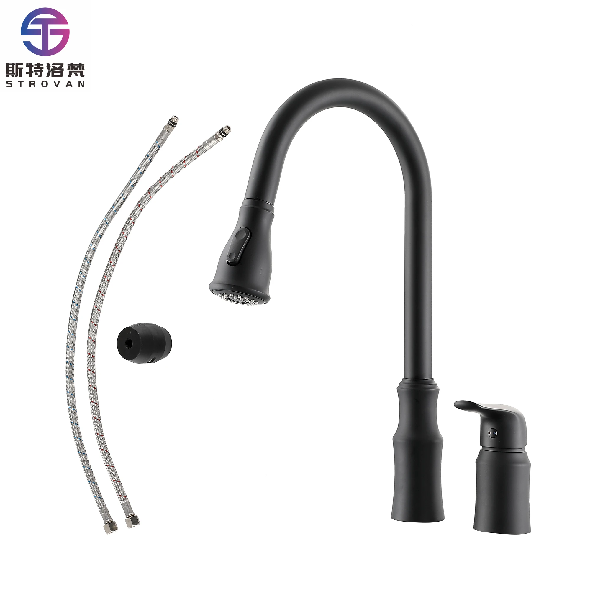 

Single Handle Pull Down Sprayer Kitchen Faucet in Black for Hotels with 2-Hole Installation