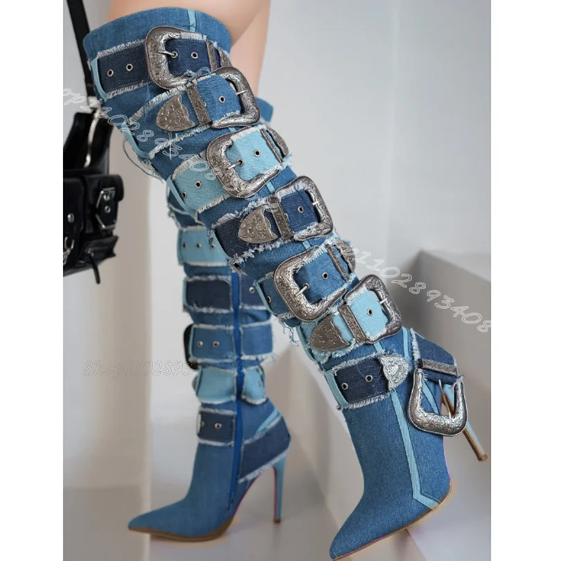 Denim Belt Buckle Decor Stiletto Boots Pointed Toe Side Zipper British Style Fashion Catwalk Women Boots Zapatos Para Mujere