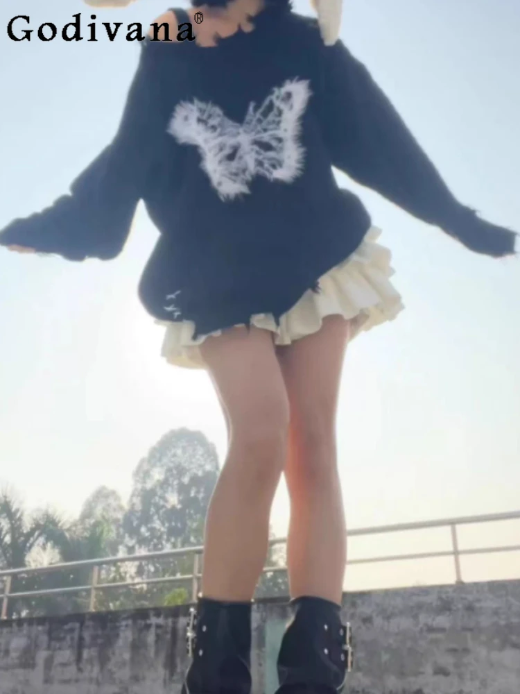 

Autumn Winter Chic Sweet Cool Versatile Butterfly Pullover Sweater Girl Temperament Off-the-shoulder Age-reducing Knitted Top