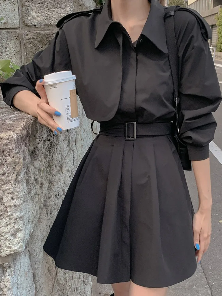 

Ele Mid-Length Women's Windbreaker Jaet Bla Turn-down Collar Faionable Korean Sle Vintage Autumn Wear Commute