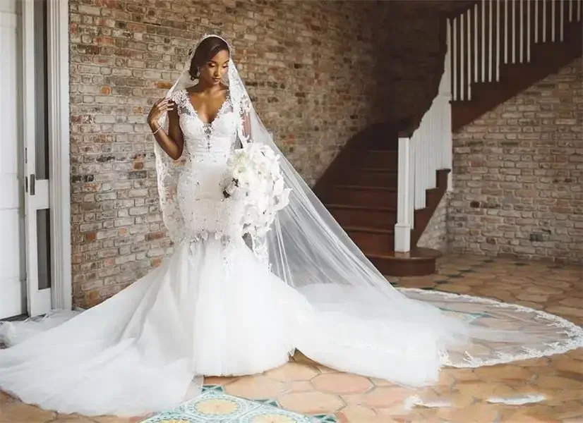 Customized New Arabic African Dresses Trumpet Cap Short Sleeves 3D Flowers Applique With Long Train Cheap Wedding Bridal Gowns