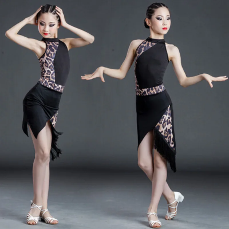 ملابس رقص قصيرة الأكمام طويلة للأطفال ، ملابس رقص راقية ، فستان رقص لاتيني ، تنورة تدريب للفتيات ، زي خشبة المسرح